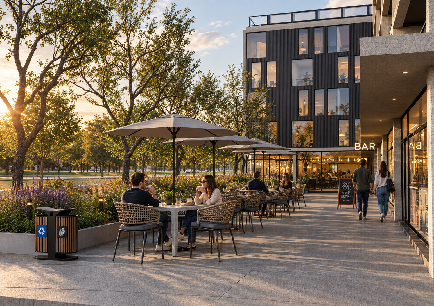 Paseo comercial y espacio verde de Livework
